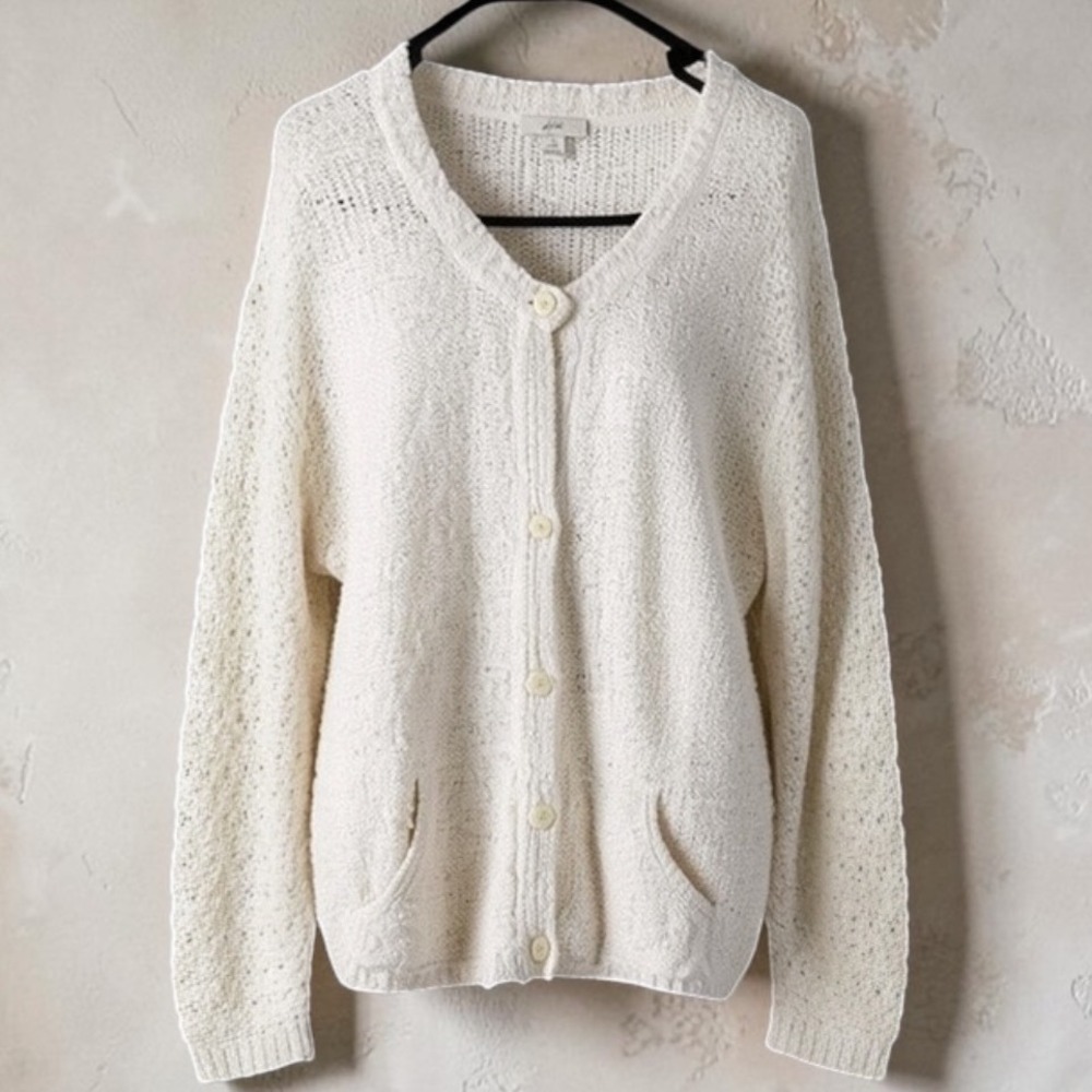 J. Jill Womens XL Cream Cotton Blend Chunky Knit Button Front Cardigan Sweater